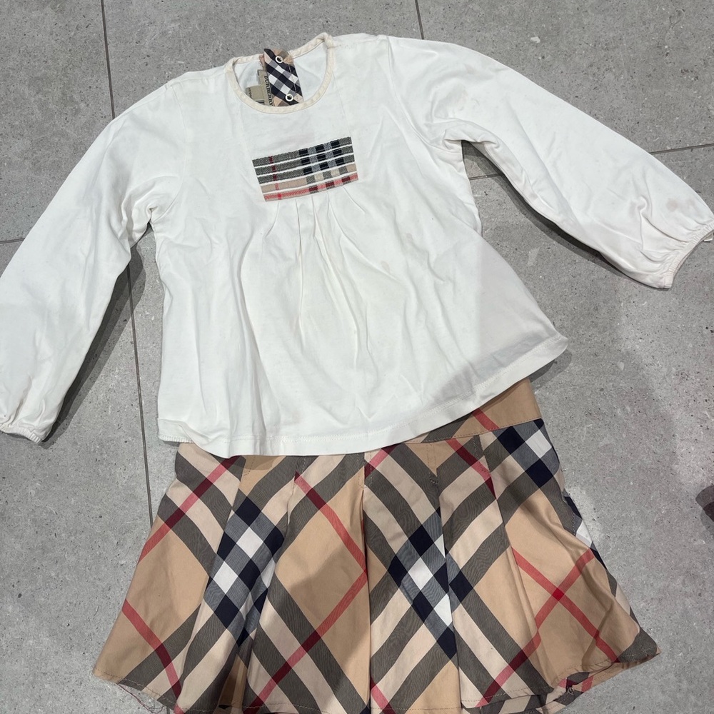 Burberry Tan and Black Plaid Mini Skirt and T-shirt